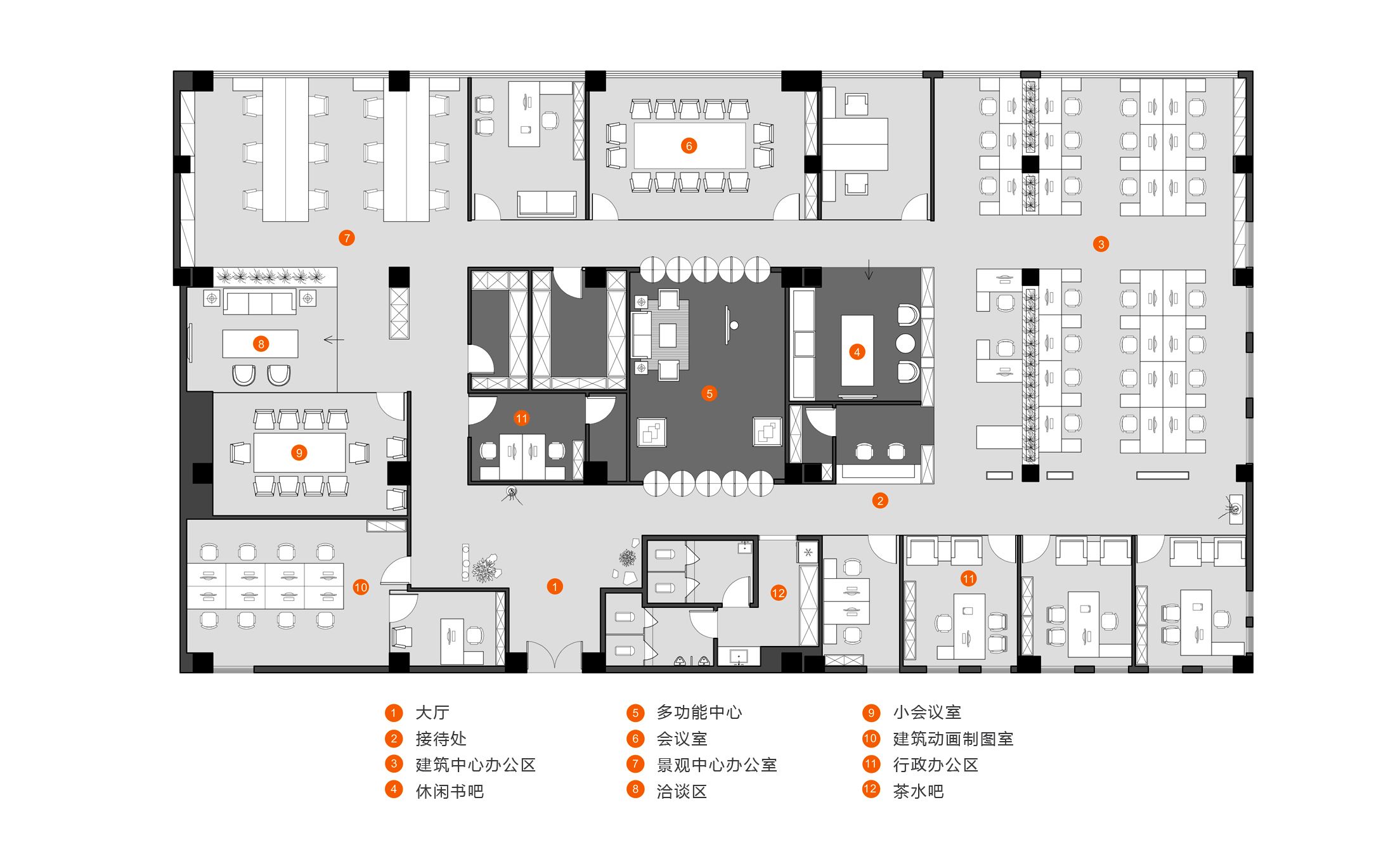 平面布置通过典型的回形区域分割和对称轴线来组织空间秩序